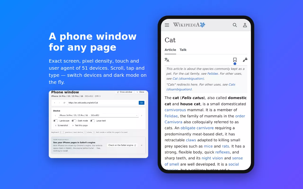 The MobileCheck phone window: Wikipedia on an iPhone 14 Pro, next to the controls for device, landscape, dark mode and large text
